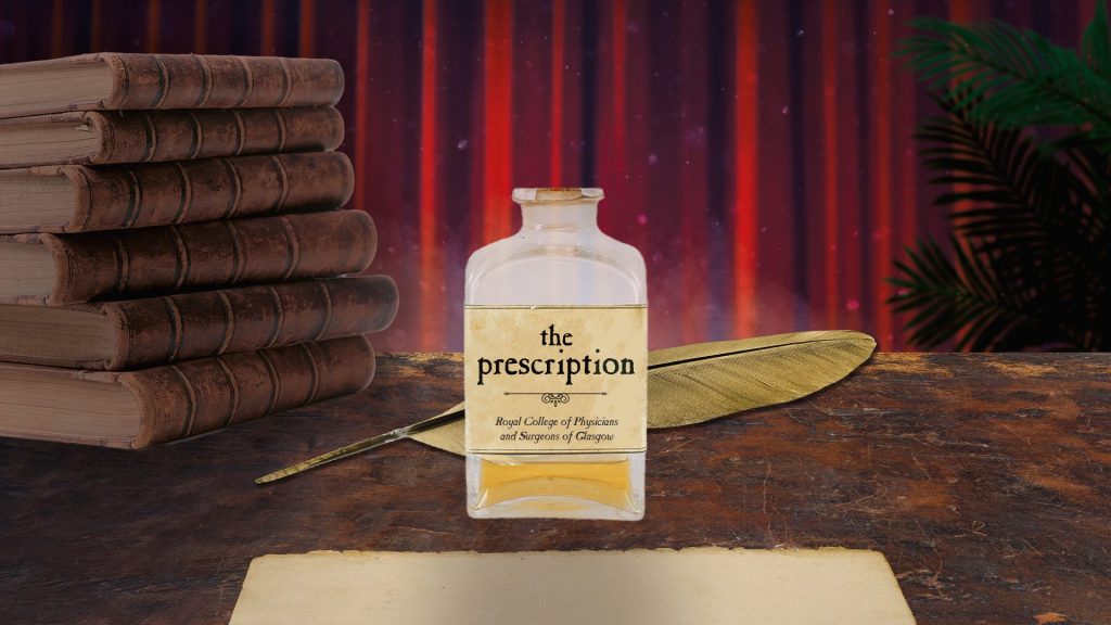Old-fashioned medicine bottle with the text 'the prescription: Royal College of Physicians and Surgeons of Glasgow' written on a yellowing label.