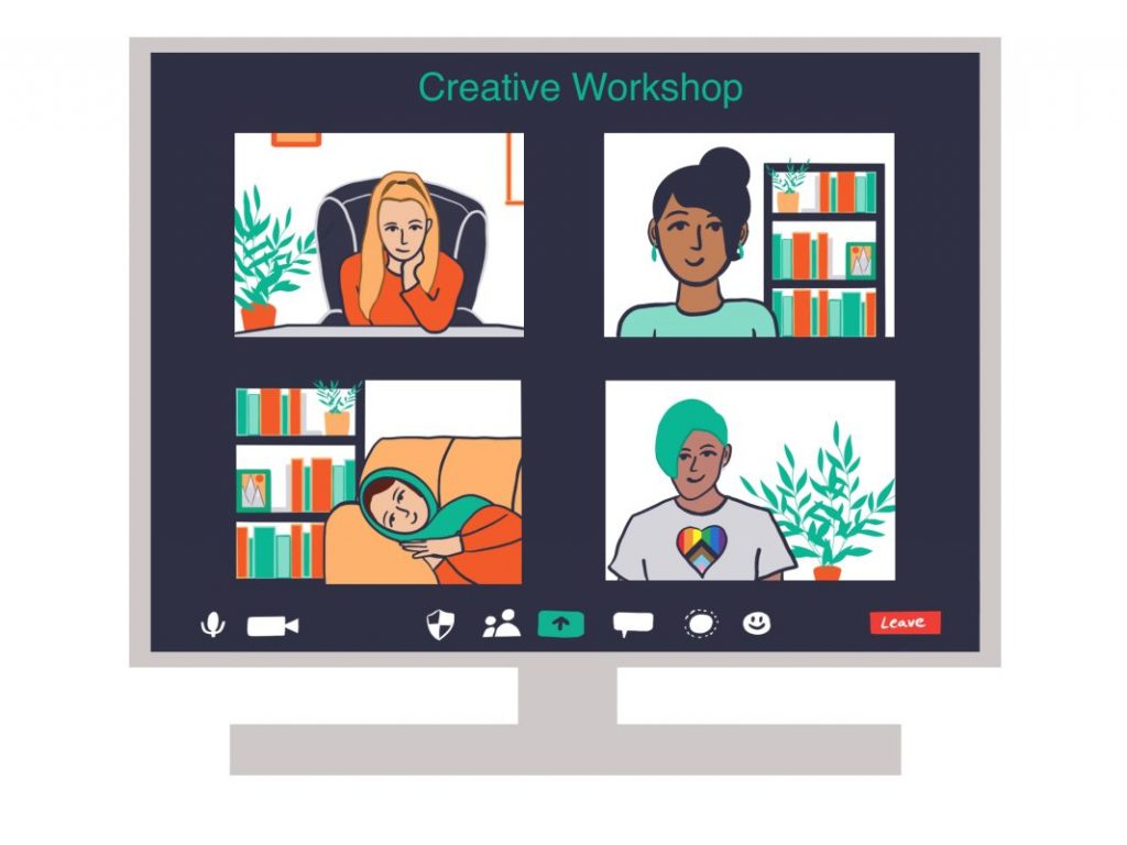 Illustration of a screen with four people on an online call.